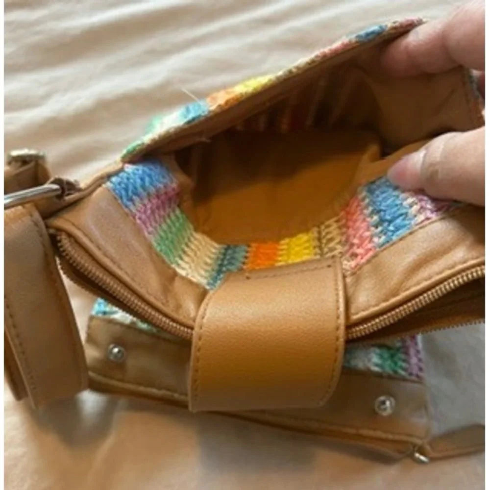 Rosetti Multi Color Striped Woven Crossbody Bag Tan Organizer Purse